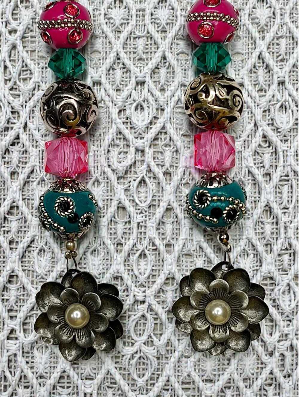 Bold Boho Purse Charm Beaded Keychain, Berry/Sea Green with Metal Flower Pendant